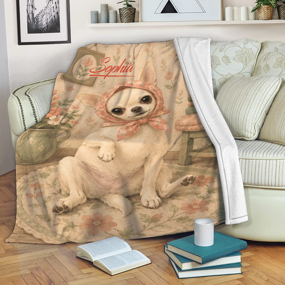 Chihuahua throw blanket featuring a floral dog design draped over a living room sofa