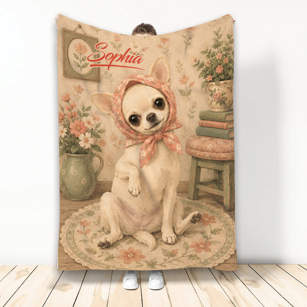 Chihuahua throw blanket with a floral vintage dog illustration displayed as a full room scene