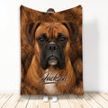 Boxer dog throw blanket displayed upright with realistic brown dog artwork in a cozy room