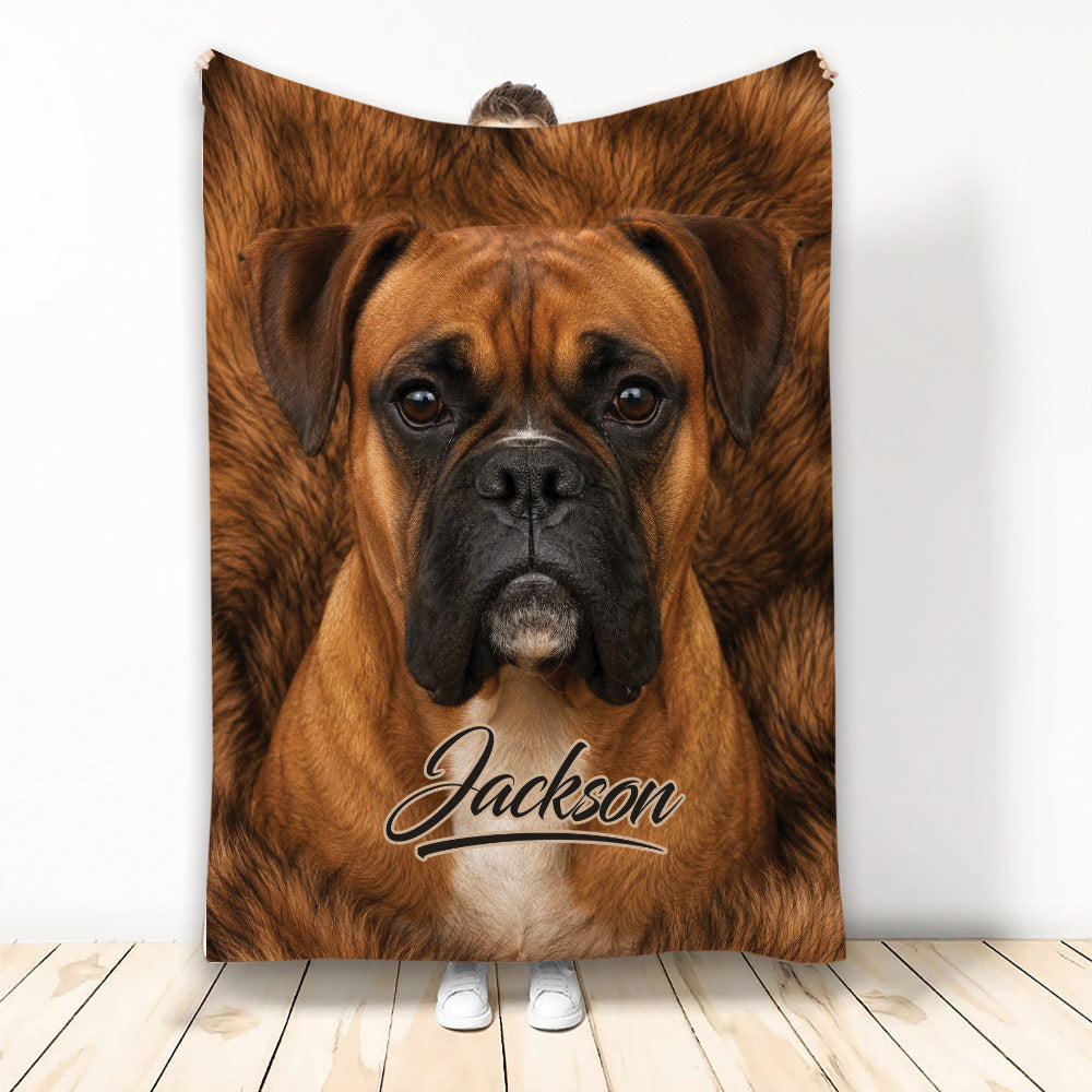 Boxer dog throw blanket displayed upright with realistic brown dog artwork in a cozy room