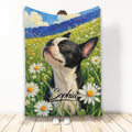 Boston Terrier blanket with painterly meadow artwork, blue sky, green hills, and white daisies