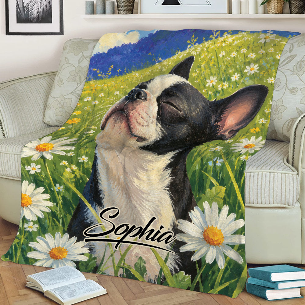 Boston Terrier blanket displayed on a couch with bright daisies and scenic countryside artwork