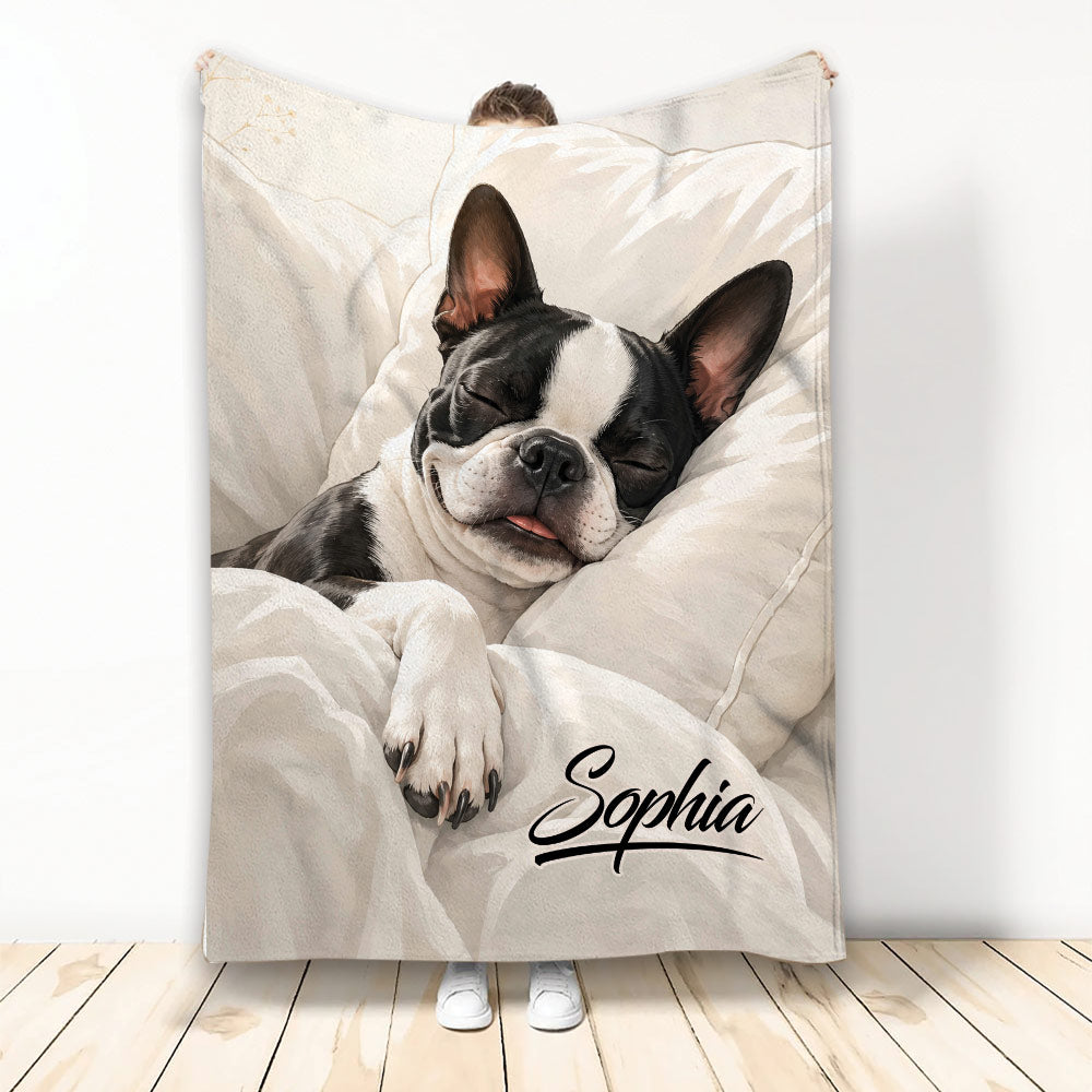 Boston Terrier throw blanket featuring a sleeping black-and-white dog in soft neutral bedding