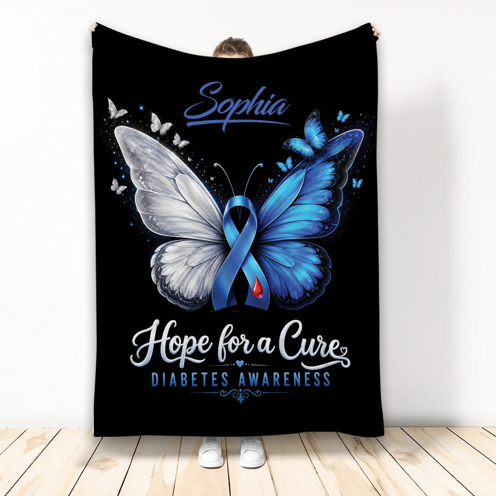 Diabetes awareness blanket with blue butterfly ribbon artwork and a meaningful hope for a cure theme