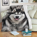 Husky throw blanket displayed on a sofa with cozy dog artwork for home lounging