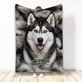 Black-and-white Husky blanket with blue-eyed dog artwork and a cozy custom design