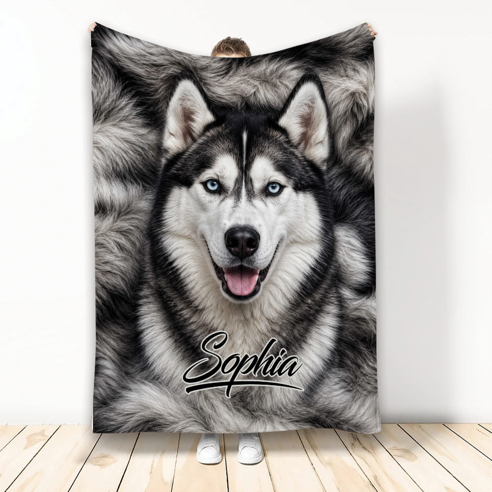 Black-and-white Husky blanket with blue-eyed dog artwork and a cozy custom design