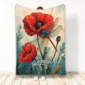 Dragonfly blanket with red poppies and botanical artwork displayed against a light background