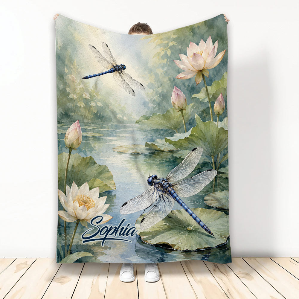 Dragonfly blanket with blue dragonflies, lotus flowers, and a serene watercolor pond landscape