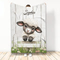 Adorable sheep blanket with a lamb peeking over a white fence in a farmhouse meadow