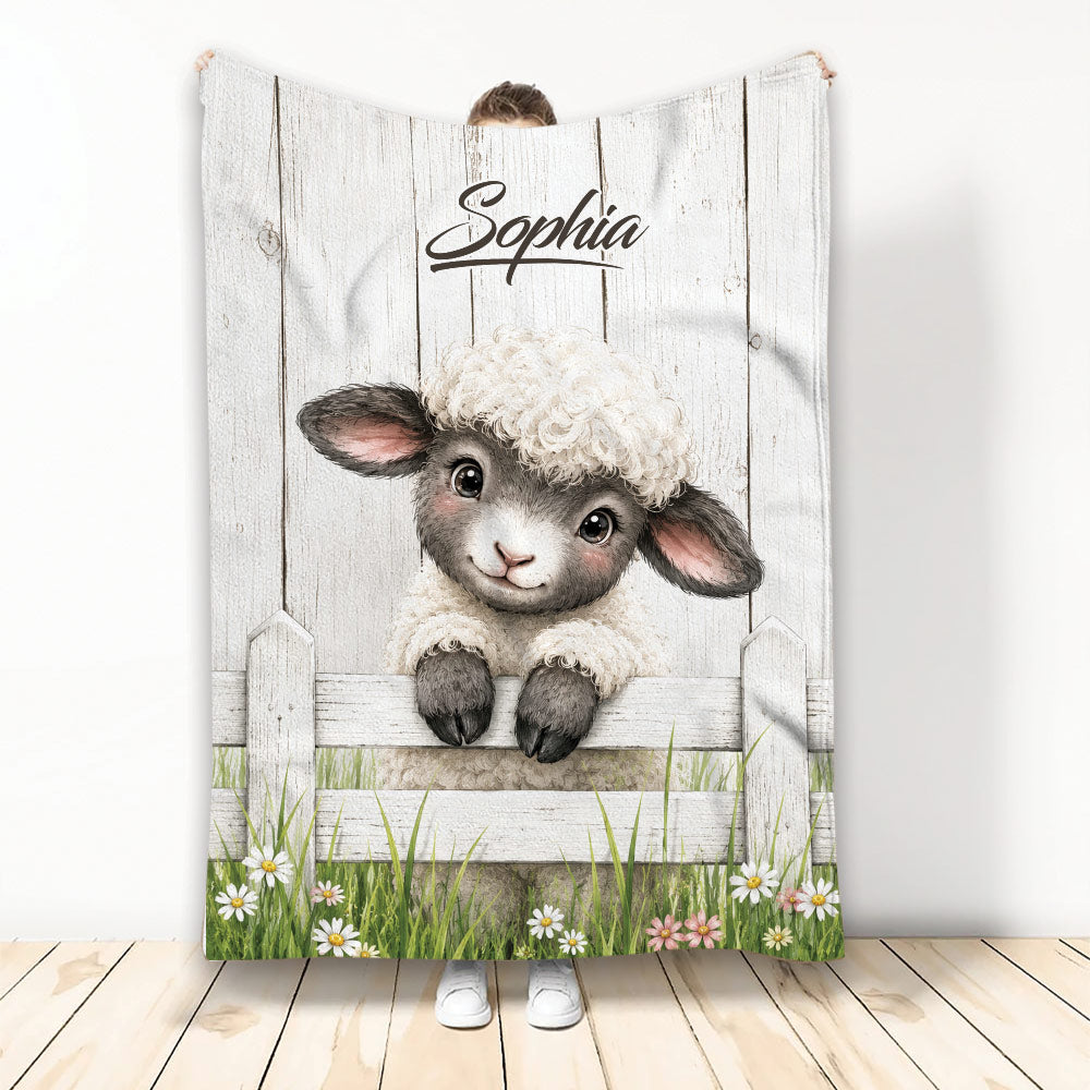 Adorable sheep blanket with a lamb peeking over a white fence in a farmhouse meadow