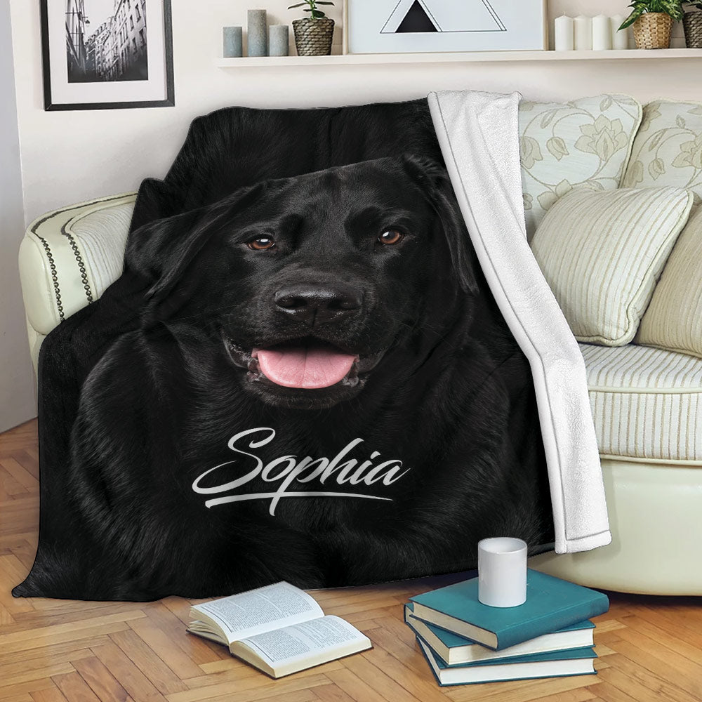 Black Labrador Retriever throw blanket styled on a sofa in a cozy living room