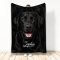 Black Labrador Retriever blanket displayed upright with a close-up dog portrait on a dark background