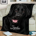 Close-up black Labrador Retriever throw blanket draped across a sofa with books nearby