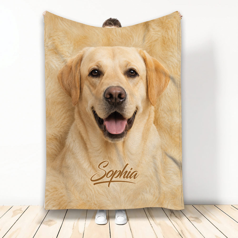 Labrador Retriever blanket with a happy yellow dog portrait and warm golden artwork