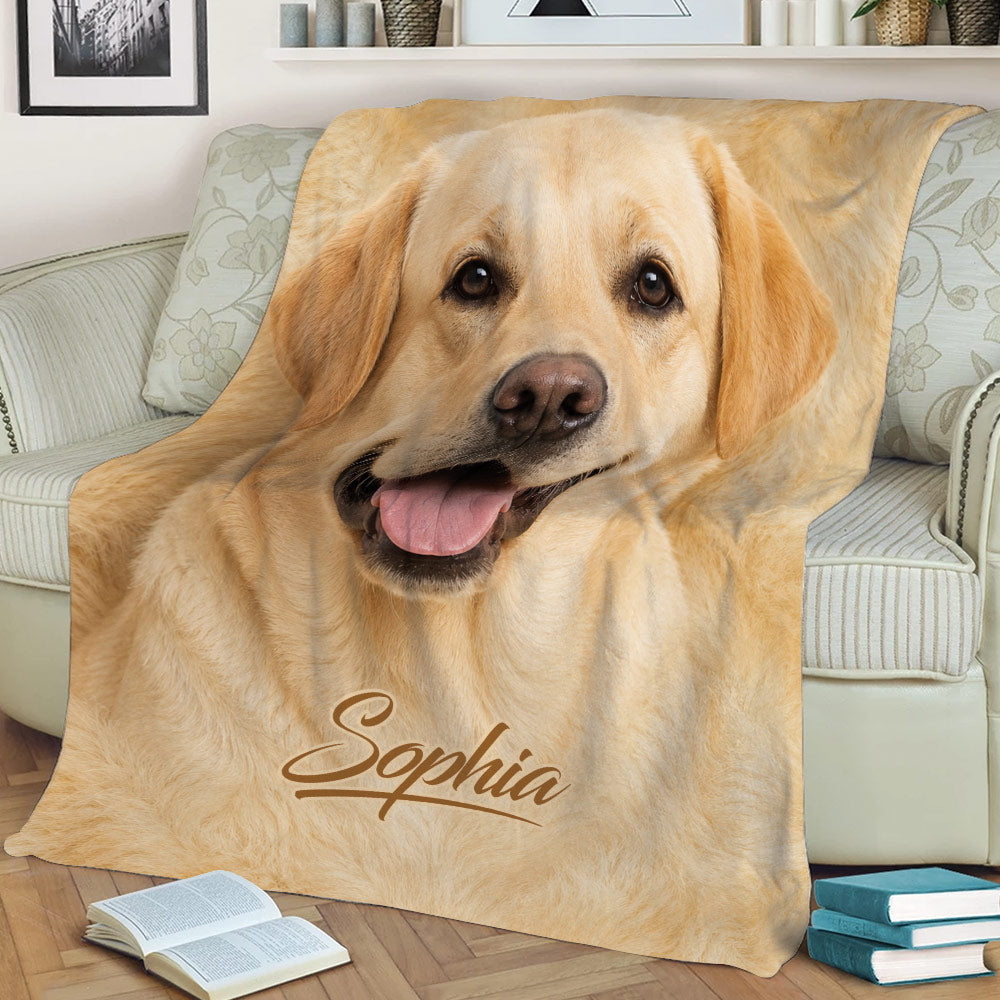 Golden Labrador Retriever blanket styled across a sofa with a close-up dog design