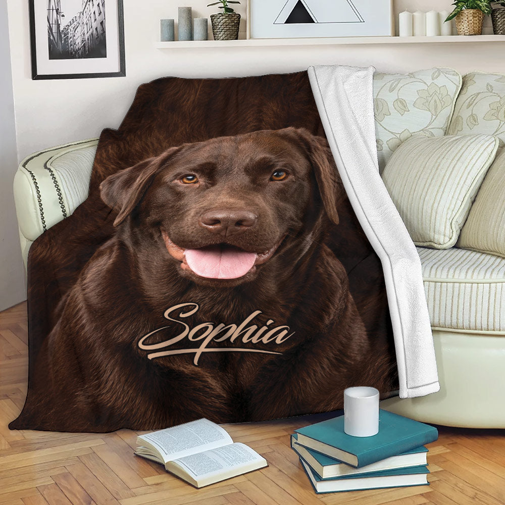 Chocolate Labrador Retriever throw blanket draped over a sofa in a cozy living room