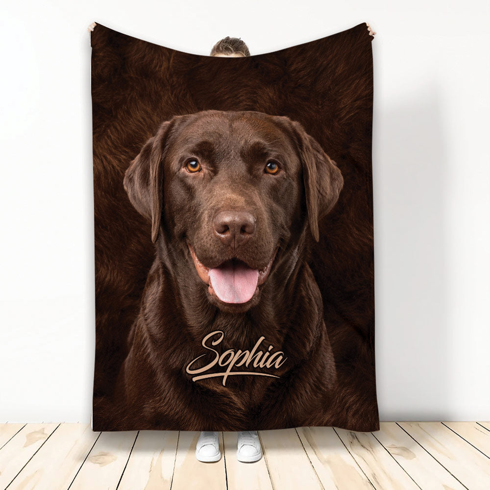 Chocolate Labrador Retriever portrait blanket displayed vertically with warm brown artwork