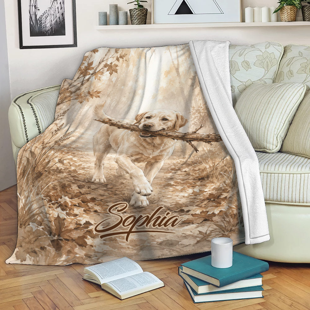 Labrador Retriever forest blanket draped over a sofa in a cozy living room
