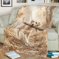 Rustic Labrador Retriever blanket displayed on a sofa with autumn woodland artwork