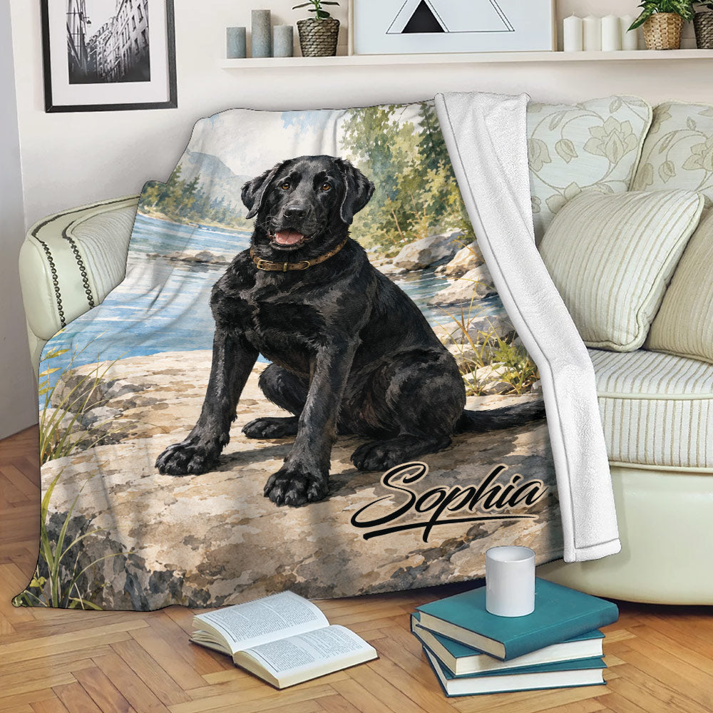 Labrador Retriever throw blanket displayed on a couch with river and forest artwork