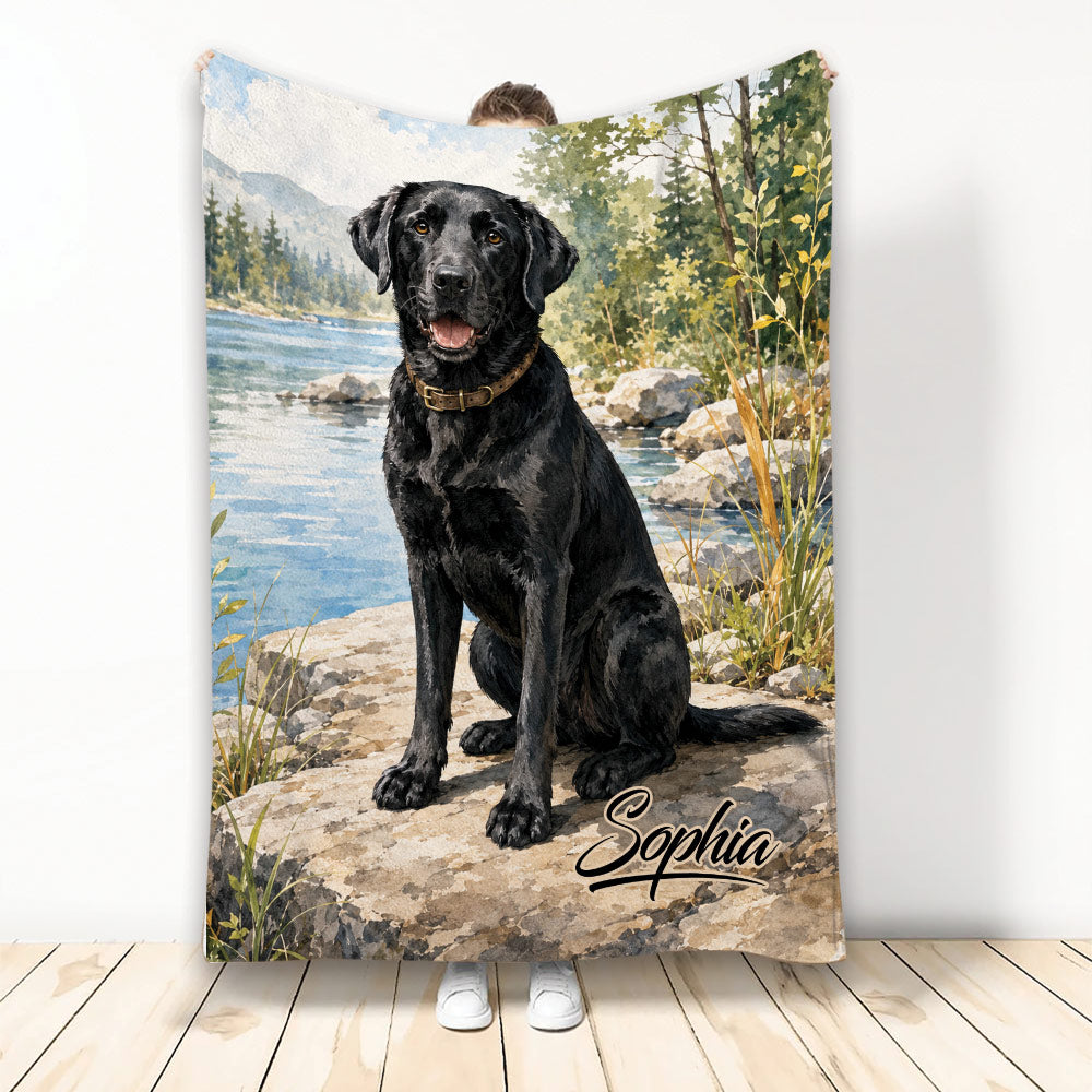 Black Labrador Retriever blanket with a scenic river, mountain and woodland illustration