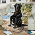 Black Labrador Retriever blanket draped over a sofa with a peaceful riverside scene