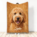 Goldendoodle throw blanket featuring a close-up curly golden dog portrait in warm amber tones