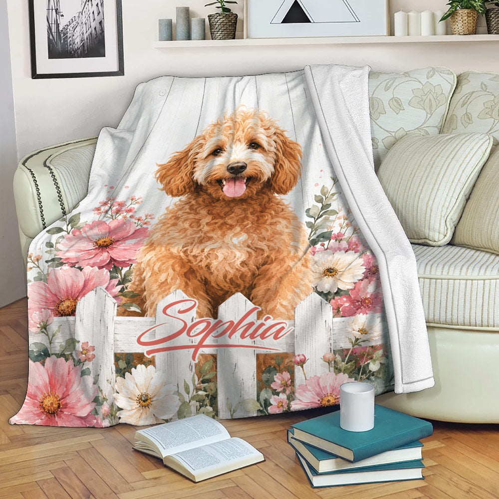 Goldendoodle floral throw blanket displayed on a sofa in a bright living room