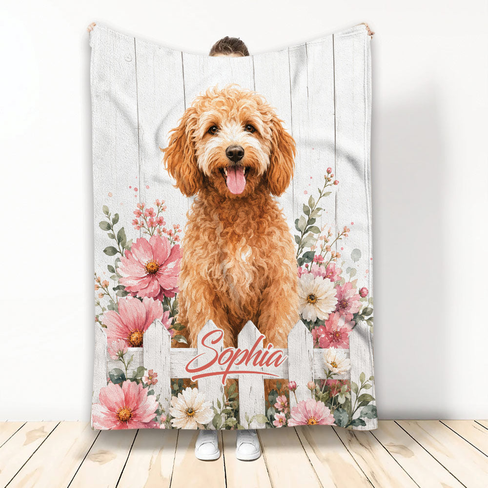 Goldendoodle blanket with watercolor flowers, white fence artwork, and a cozy farmhouse-inspired design
