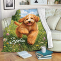 Goldendoodle throw blanket draped over a sofa with a cheerful dog in a sunny meadow