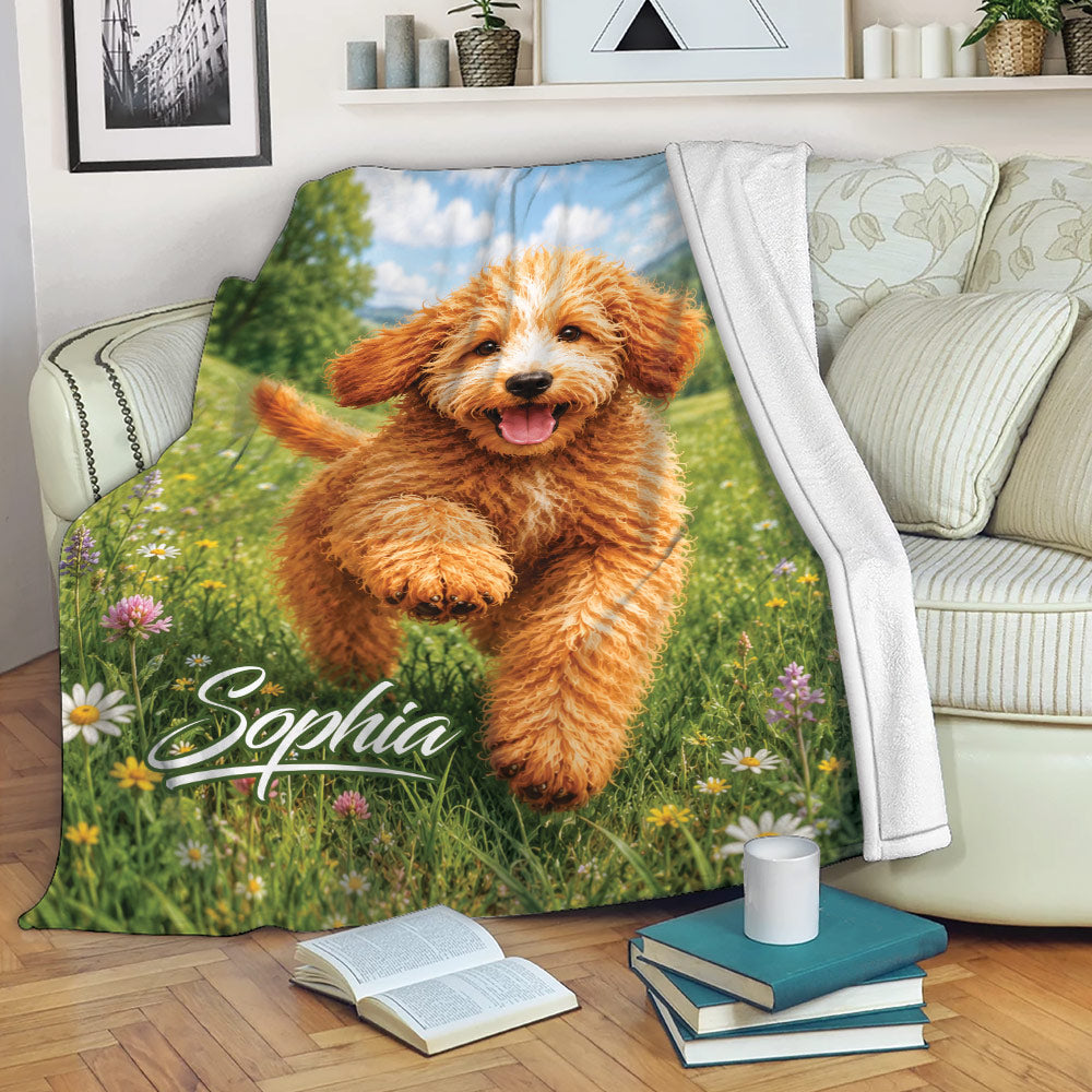 Goldendoodle throw blanket draped over a sofa with a cheerful dog in a sunny meadow