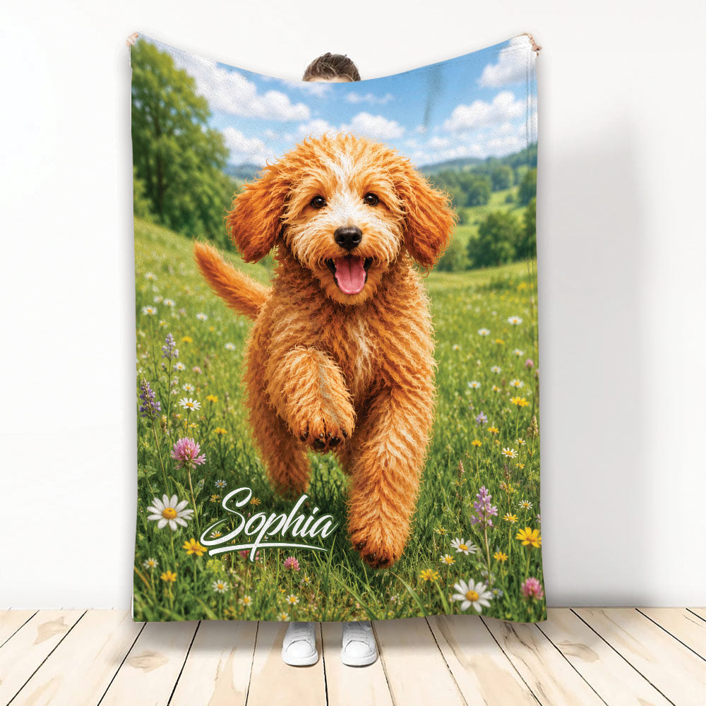 Goldendoodle blanket featuring a happy curly dog running through a colorful wildflower meadow