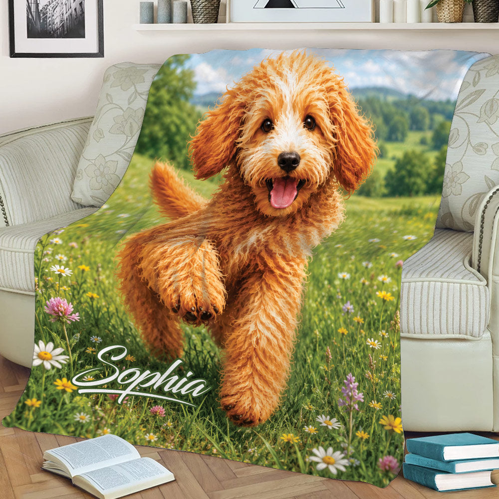 Goldendoodle blanket displayed on a couch with a close-up dog portrait and flower meadow scene