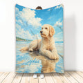 Goldendoodle throw blanket featuring a curly dog on a sunny beach with blue sky and ocean artwork
