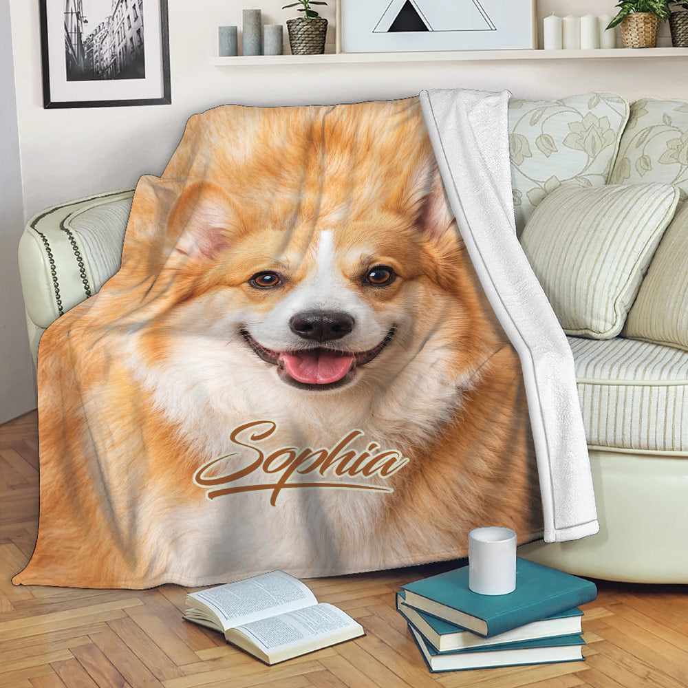 Corgi throw blanket draped across a sofa in a cozy living room setting