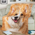 Close view of a smiling Corgi throw blanket styled over a living room sofa