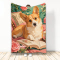Corgi blanket with floral reading scene artwork and warm orange and cream dog portrait