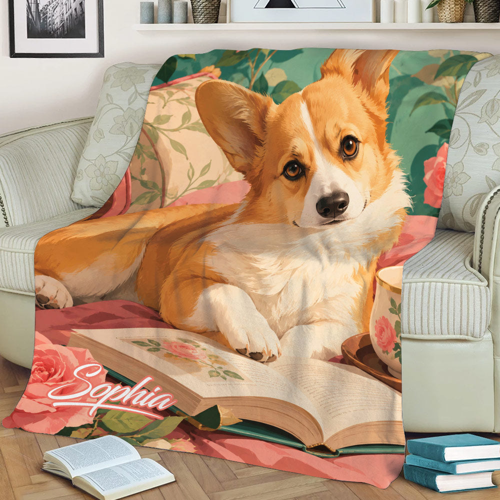 Close view of a Corgi throw blanket featuring floral artwork, an open book, and warm colors