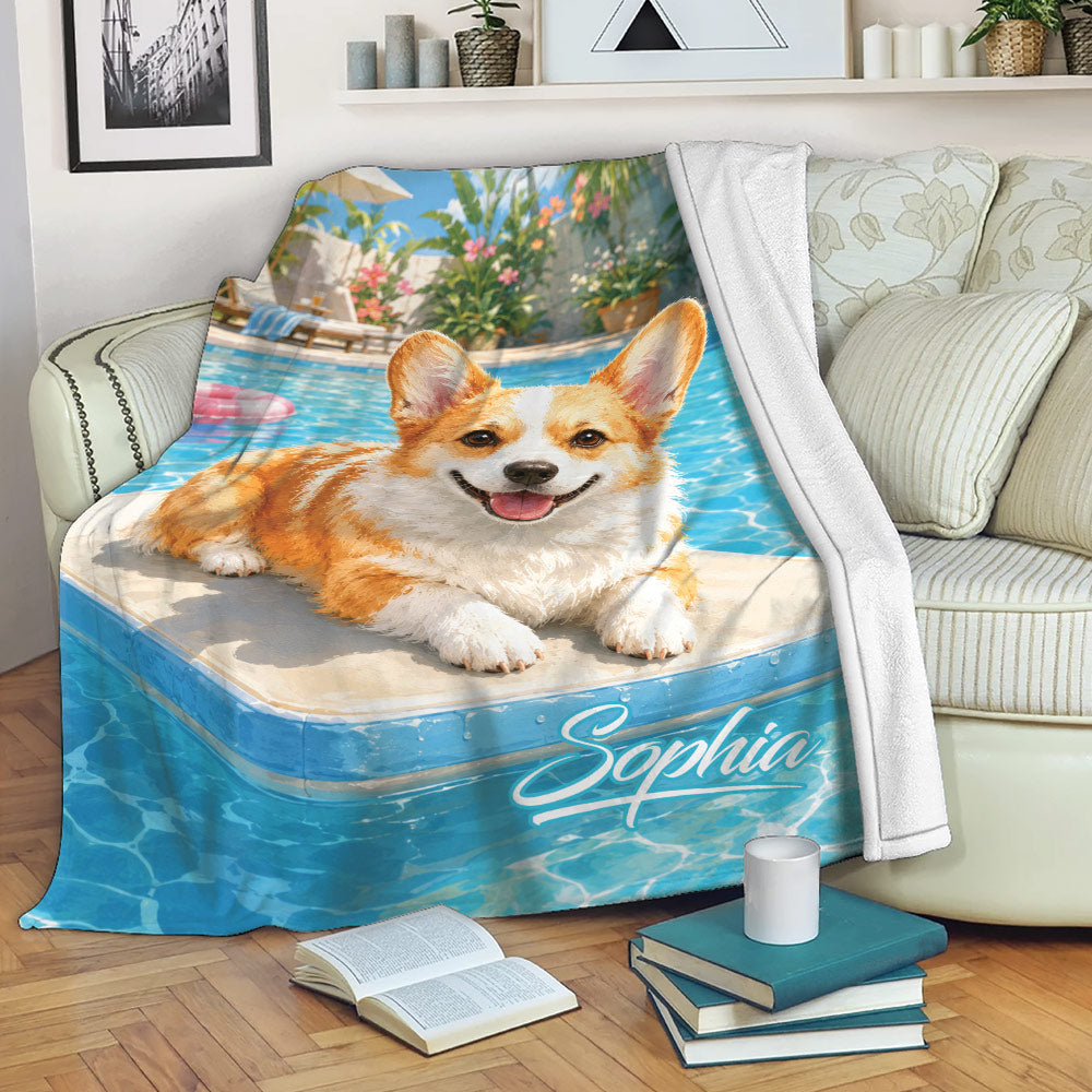 Corgi blanket draped over a sofa, showing a poolside dog scene in bright blue summer colors