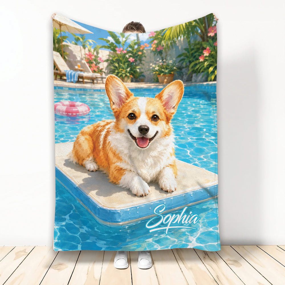 Corgi throw blanket featuring a happy dog beside a sunny swimming pool with tropical flowers