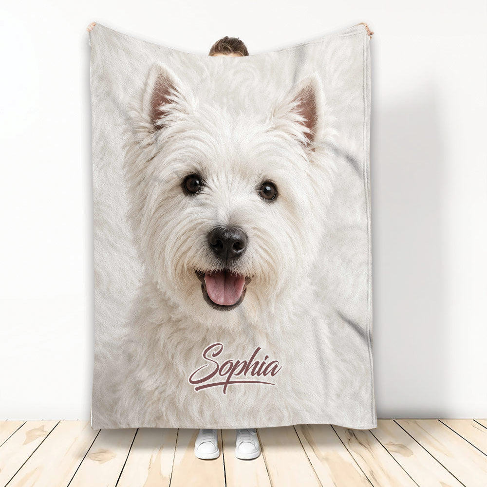 Westie throw blanket held upright, featuring a close-up white terrier design in a bright neutral style