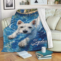 Westie swimming blanket draped over a sofa in a cozy living room setting