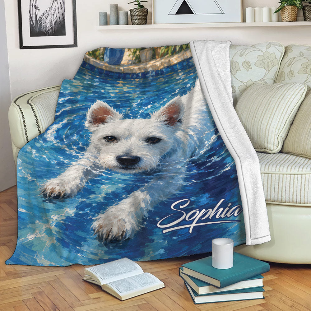 Westie swimming blanket draped over a sofa in a cozy living room setting