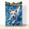 Westie swimming through bright blue pool water in a colorful artistic blanket design