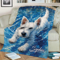 Close view of a Westie swimming through blue water on a sofa throw blanket