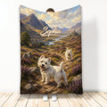 Westie throw blanket featuring two West Highland White Terriers on a scenic mountain trail
