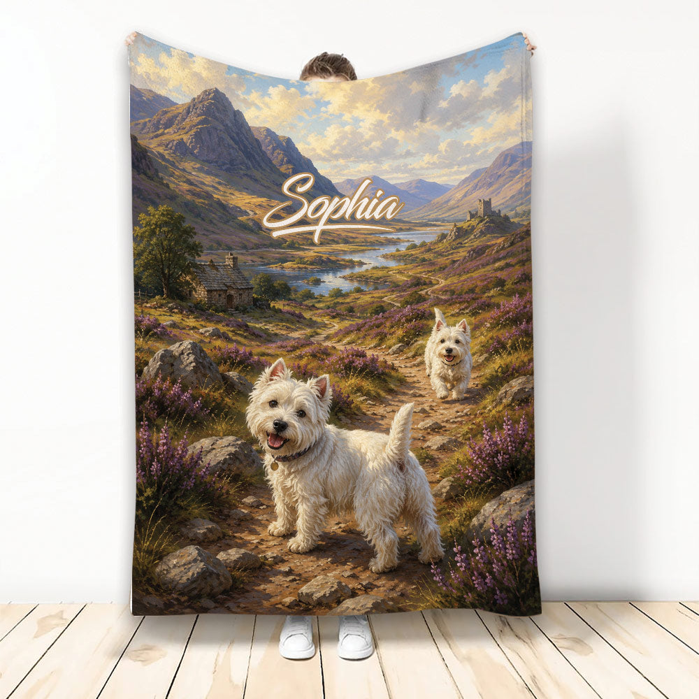 Westie throw blanket featuring two West Highland White Terriers on a scenic mountain trail