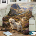West Highland White Terrier throw blanket styled on a sofa with colorful mountain scenery