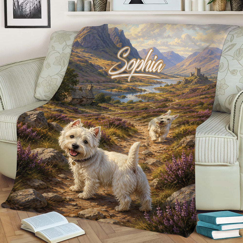 West Highland White Terrier throw blanket styled on a sofa with colorful mountain scenery